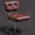 Brown Leather Leisure Chair With Tufted Backrest And Chrome Metal Frame