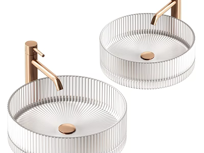 Elegant Round Ribbed Glass Washbasins With Gold Faucets For Modern Bathroom 3d model
