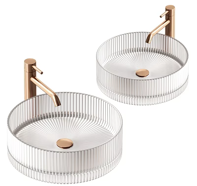 Elegant Round Ribbed Glass Washbasins With Gold Faucets For Modern Bathroom 3d model