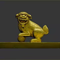 Golden Lion Statue With Square Base Carved Characters And Decorative Ball