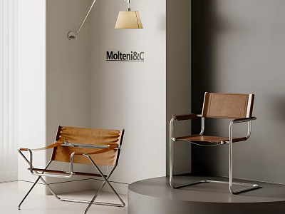 Modern Brown Leather Chairs With Metal Frame By Molteni&C With Floor Lamp And Grey Wall 3d model