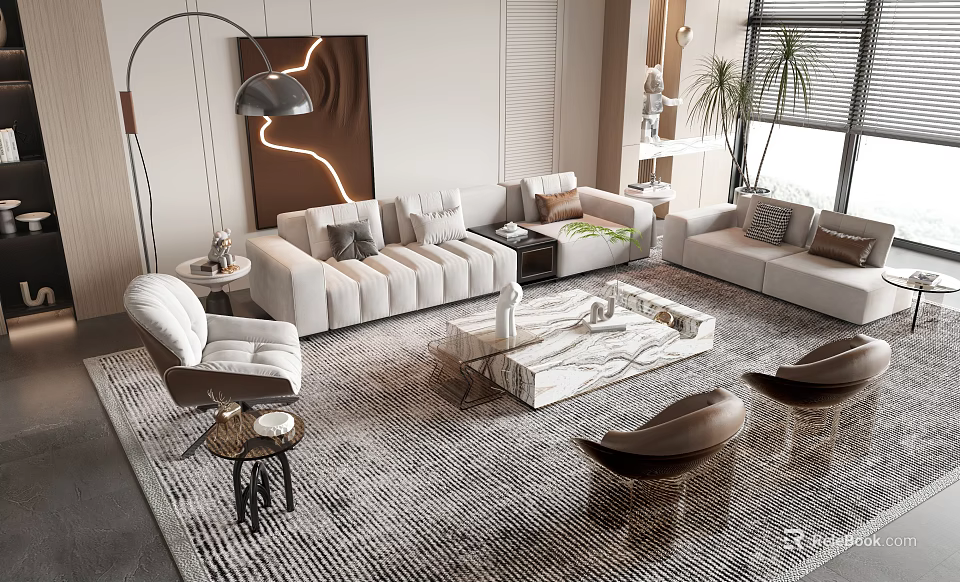 Modern Sofa and Coffee Table Set with Marble Top Accent Chairs Area Rug Floor Lamp 3d model 