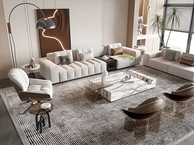 Modern Sofa and Coffee Table Set with Marble Top Accent Chairs Area Rug Floor Lamp 3d model