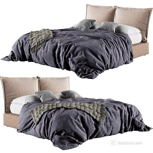 Modern Double Bed With Linen Headboard Dark Gray Quilt Plaid Blanket And Gray Pillows 3d model 