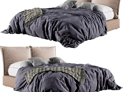 Modern Double Bed With Linen Headboard Dark Gray Quilt Plaid Blanket And Gray Pillows 3d model