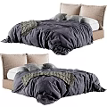 Modern Double Bed With Linen Headboard Dark Gray Quilt Plaid Blanket And Gray Pillows