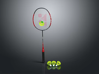 Black And Red Badminton Racket Standing With Five Yellow Shuttlecocks Nearby 3d model