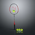 Black And Red Badminton Racket Standing With Five Yellow Shuttlecocks Nearby 3d model