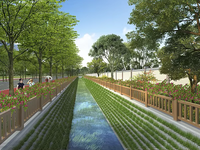Tranquil Garden Landscape Design Featuring Central Water Channel Green Plants And Wooden Fences 3d model