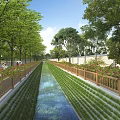 Tranquil Garden Landscape Design Featuring Central Water Channel Green Plants And Wooden Fences