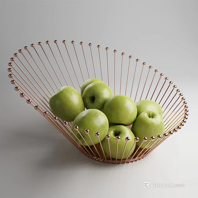 Unique Design Ceramic Basket With Beaded Details Holding Fresh Green Apples 3d model 