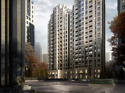 Modern High Rise Residential Building Exterior With Trees And Street View 3d model