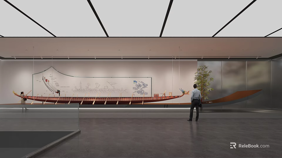 Ancient Boat Exhibition In Museum Hall With Visitor Map And Green Plant 3d model 