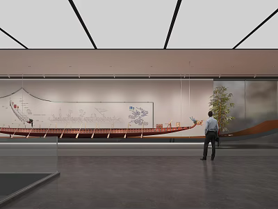 Ancient Boat Exhibition In Museum Hall With Visitor Map And Green Plant 3d model