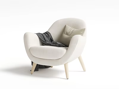 Modern White Single Sofa With Wooden Legs Light Colored Cushion And Dark Throw Blanket 3d model