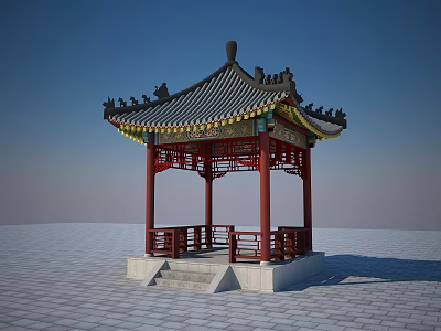 Traditional Chinese Pavilion With Carved Eaves Red Pillars And Gray Tiled Roof Stone Base 3d model