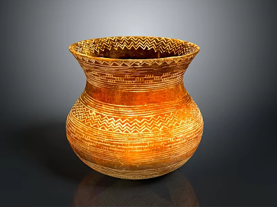 Handcrafted Orange Clay Pot With Intricate Chevron Patterns Glazed Surface And Dark Background Reflection 3d model