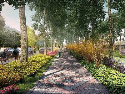 Scenic Park Landscape With Tree-Lined Paved Path Colorful Flower Beds And People Walking 3d model