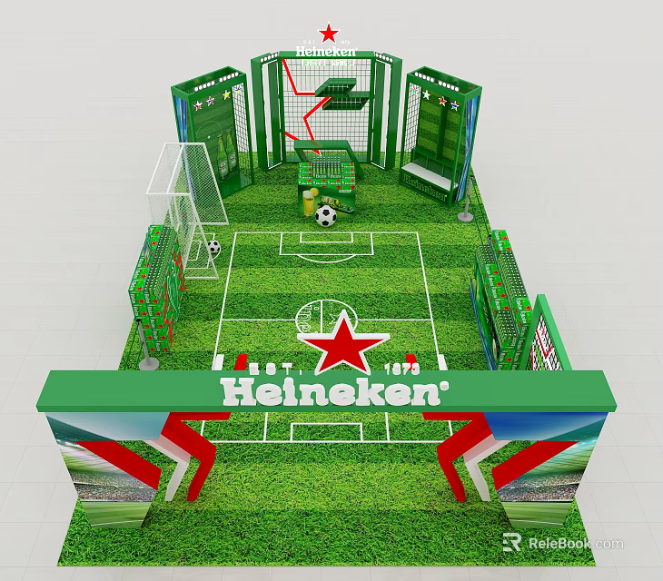 Heineken Themed Football Exhibition Setup With Green Grass Goalposts And Soccer Ball 3d model 