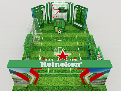 Heineken Themed Football Exhibition Setup With Green Grass Goalposts And Soccer Ball 3d model