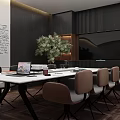 Modern Dining Table Set Featuring White Long Table Black Chairs Green Plant And Chalkboard Wall