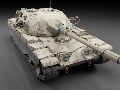 Beige Weathered Military Tank with Long Barrel Cannon Turret Heavy Tracks and Detailed Exterior 3d model