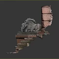 Detailed Carved Stone Lion Sculpture With Multi Layered Column And Square Base