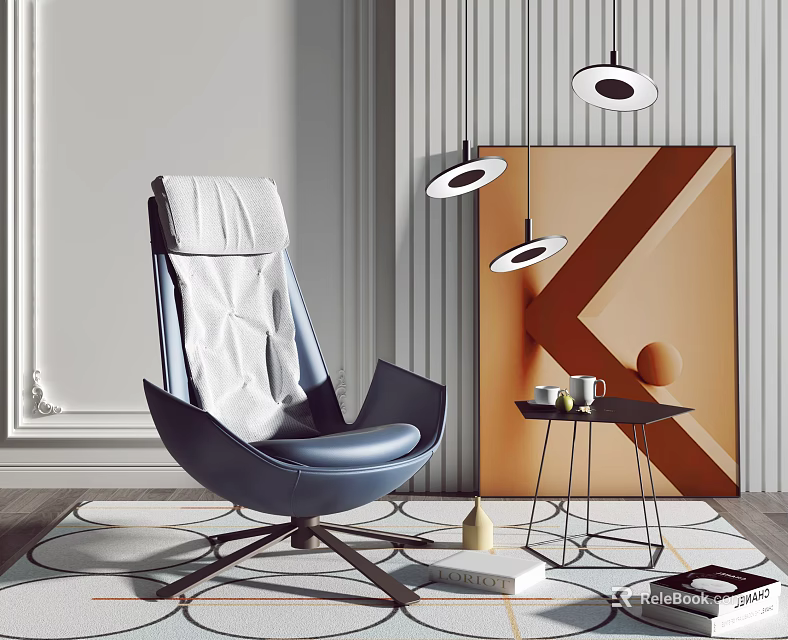 Modern Accent Chair With Blue White Upholstery Geometric Art Side Table And Pendant Lights 3d model 