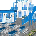 Industrial Equipment For Constructing Blue White Cat Cafe Building With Balconies And Arched Doors