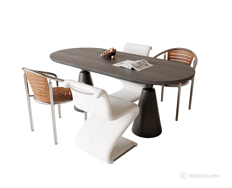 Modern Oval Dining Table Set With Dark Wooden Top And White Brown Leather Chairs 3d model 