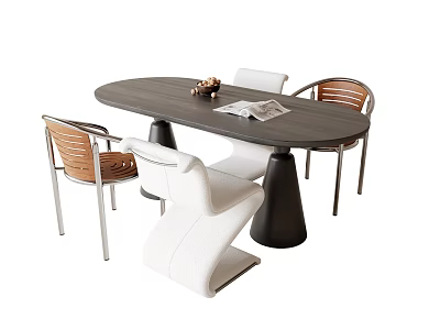 Modern Oval Dining Table Set With Dark Wooden Top And White Brown Leather Chairs 3d model