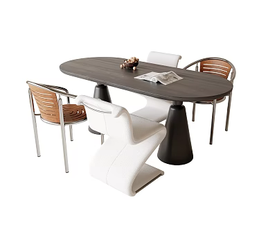 Modern Oval Dining Table Set With Dark Wooden Top And White Brown Leather Chairs 3d model