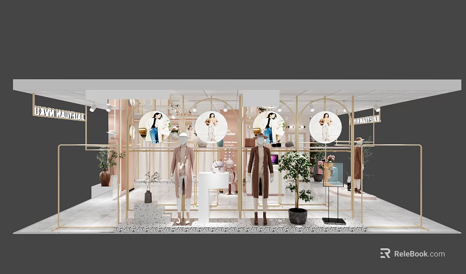 Elegant Clothing Store Window Display With Mannequins Plants Golden Frames And Circular Decorations 3d model 