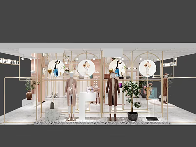 Elegant Clothing Store Window Display With Mannequins Plants Golden Frames And Circular Decorations 3d model