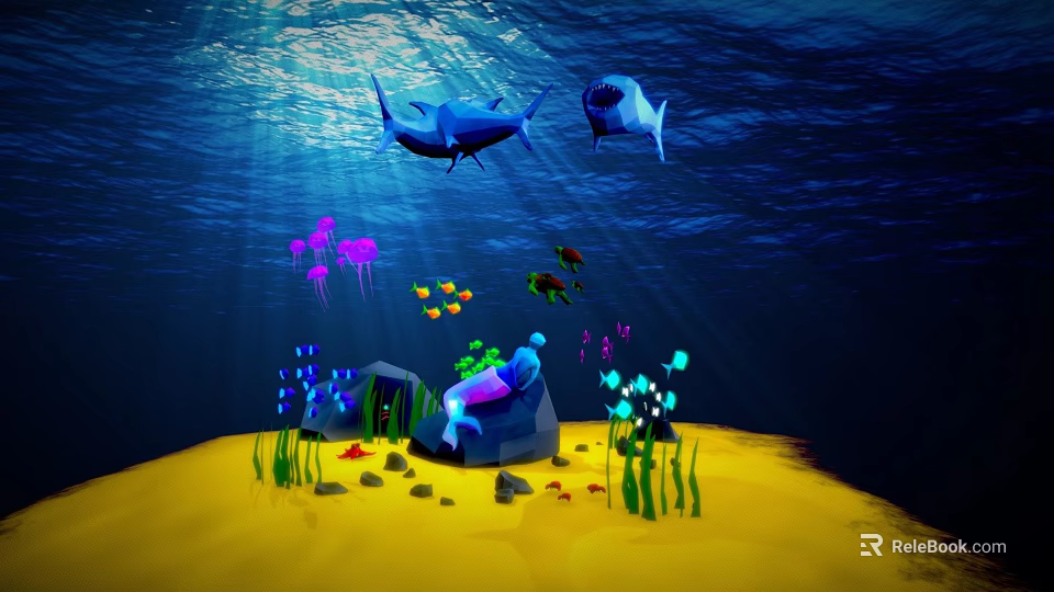 Underwater Game Character Scene With Tuna Fish Jellyfish And Coral Reef 3d model 