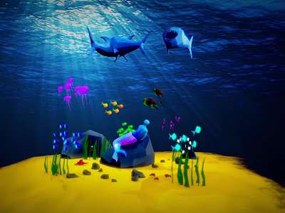 Underwater Game Character Scene With Tuna Fish Jellyfish And Coral Reef 3d model