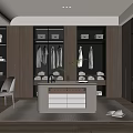 Modern Walk-in Closet Interior Design With Wooden Cabinets Hanging Clothes And Central Storage Drawers