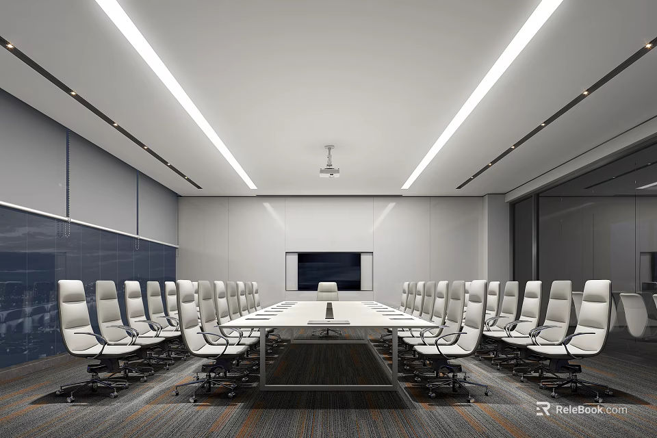 Modern Conference Room Interior Design With Long Table White Chairs Projector And Ceiling Lighting 3d model