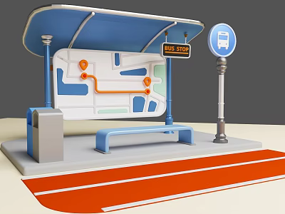 Bus Stop Shelter With Blue Roof Map Bench And Bus Sign On Red Ground 3d model
