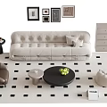 Sofa and Coffee Table Set with Beige Tufted Sofa Black Round Table and Checkered Rug 3d model