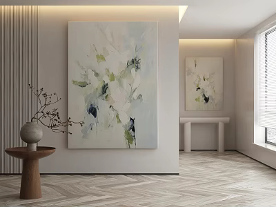 Abstract Painting In Modern Interior With Light Colored Wall And Wooden Floor 3d model