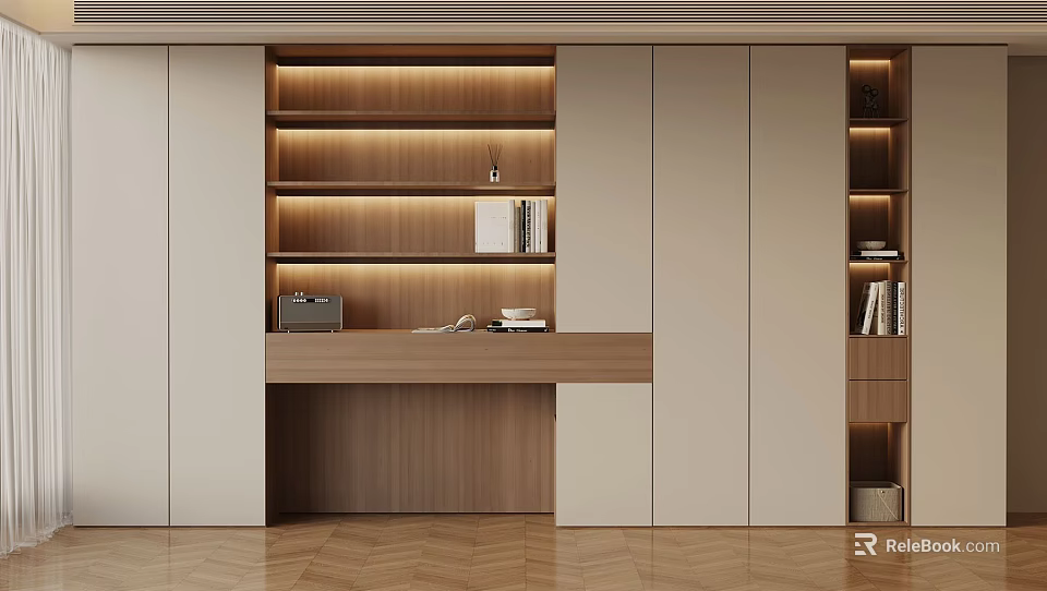 Minimalist Home Office Interior With Wooden Shelves Writing Desk And Warm Lighting 3d model 