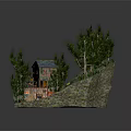 Colorful Cartoon Scene With Lush Trees Small Cabin Slide Winding Path And Greenery