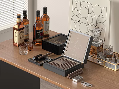 Bottles of Whiskey and Crystal Glasses on Wooden Table with Cigar Box and Artwork 3d model