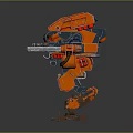 Orange Armored Battle Mech Warrior With Mechanical Arms And Twin Cannons