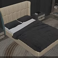 Modern Double Bed With Beige Upholstered Headboard Dark Bedding Nightstand And Patterned Rug In Bedroom