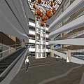 Modern Multi Level Shopping Mall Lobby With Golden Chandeliers Escalators And Glass Ceiling