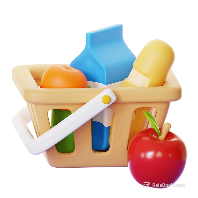 Colorful Food Collection in Yellow Basket with Milk Ice Cream Orange Green Drink and Apple 3d model 