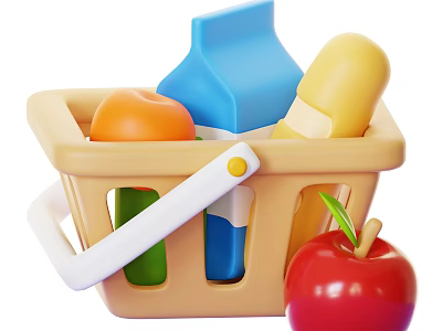 Colorful Food Collection in Yellow Basket with Milk Ice Cream Orange Green Drink and Apple 3d model