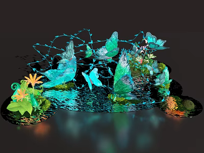 Decorative Water Scene With Blue Butterflies Green Leaves And Orange Flowers 3d model